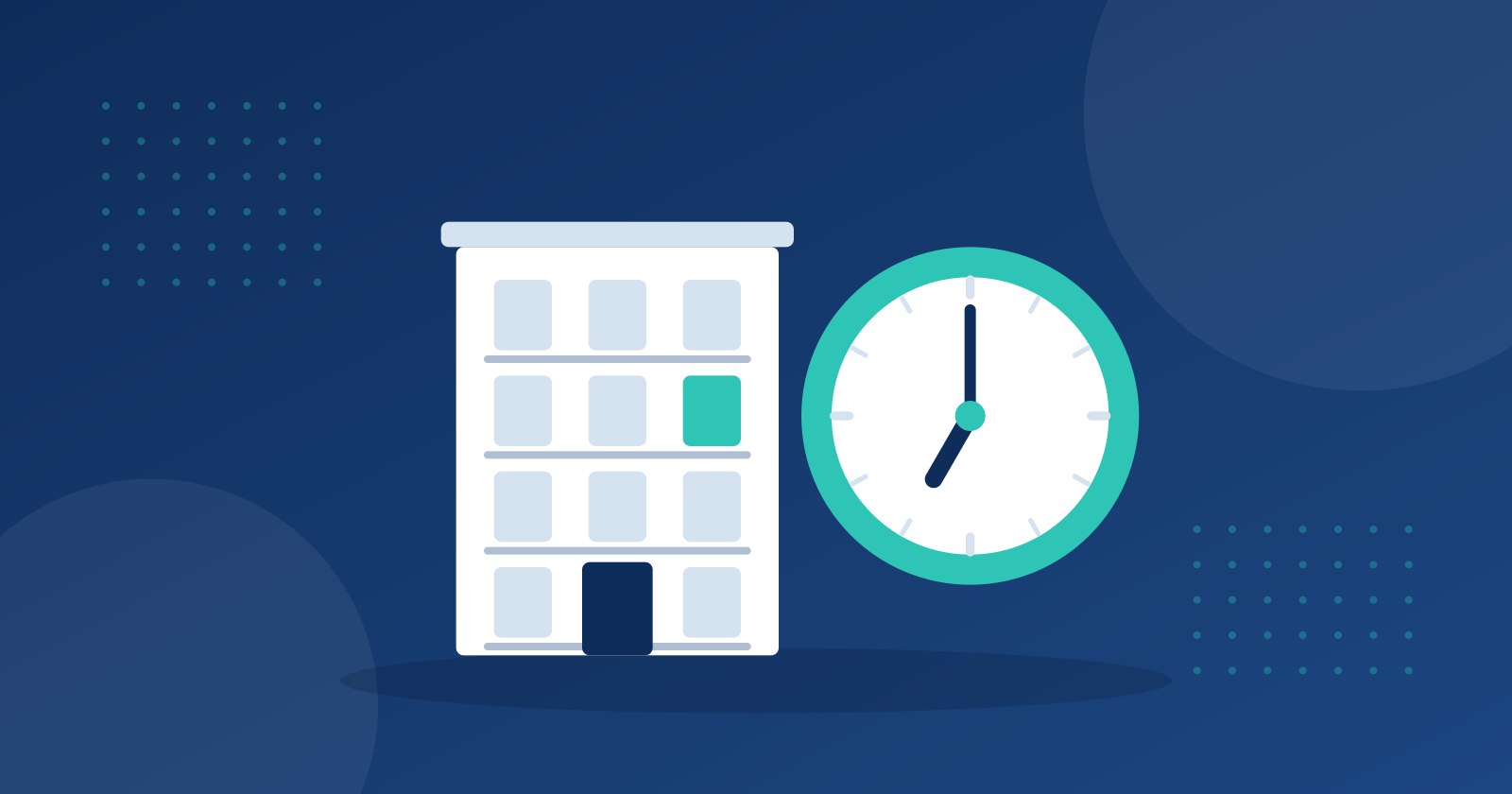 Illustration d’un immeuble d’habitation dont une fenêtre est éclairée en turquoise, à côté d’une grande horloge qui indique 7 heures.