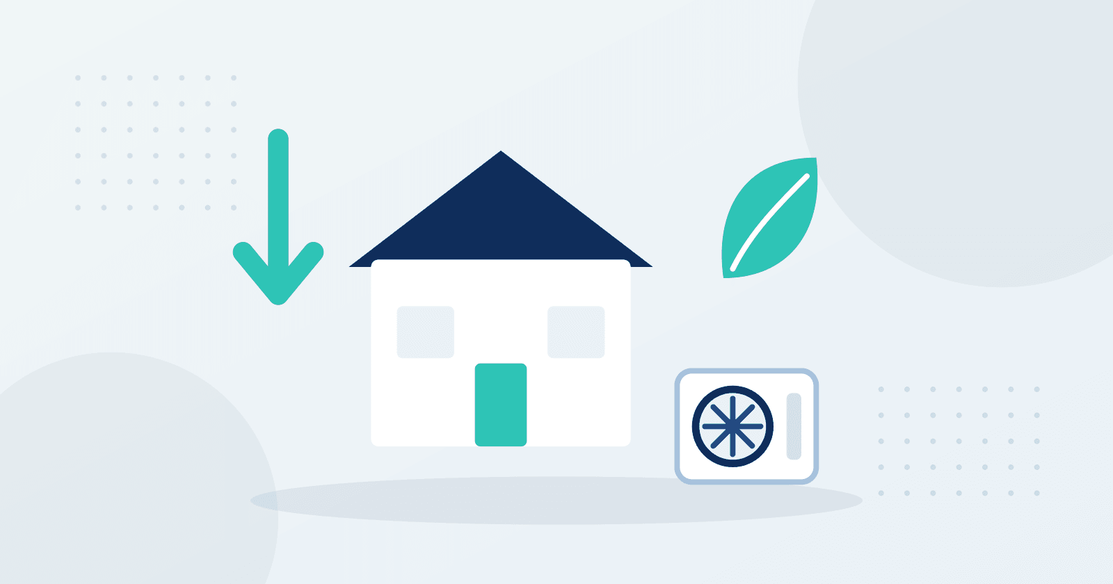 Illustration d’une maison équipée d’une pompe à chaleur, avec une flèche de consommation en baisse.