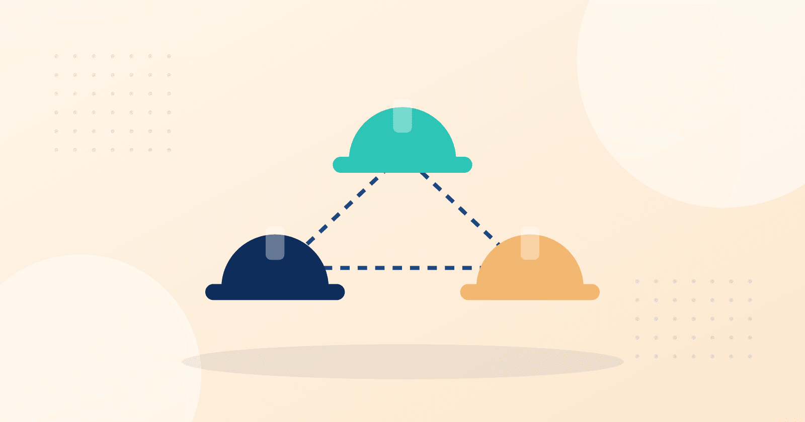 Illustration de trois casques de chantier reliés entre eux, comme les métiers d’un même projet.