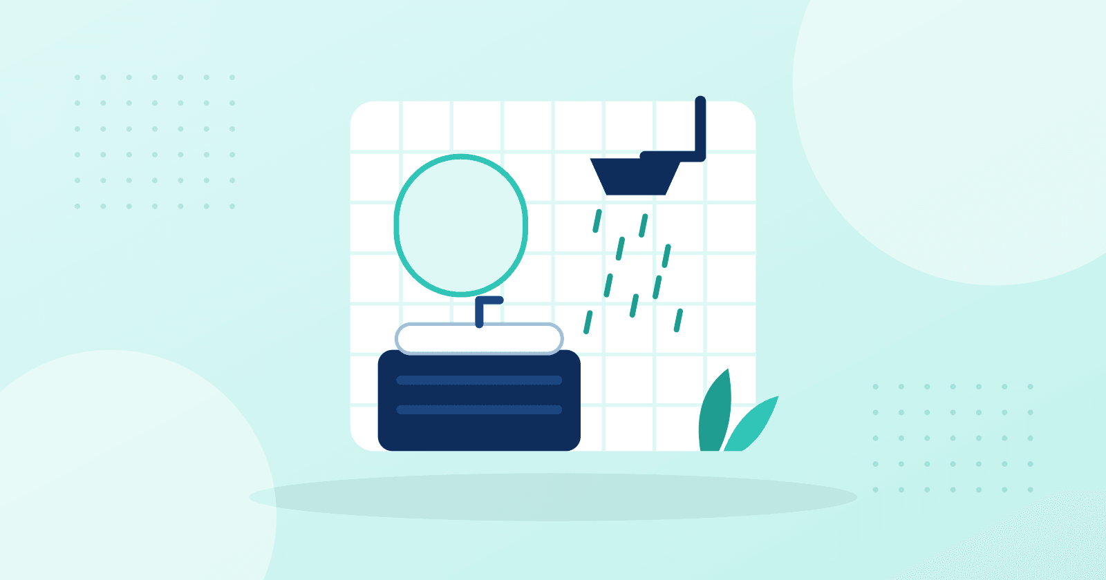 Illustration d’une salle de bain : pommeau de douche, mur carrelé et meuble vasque.